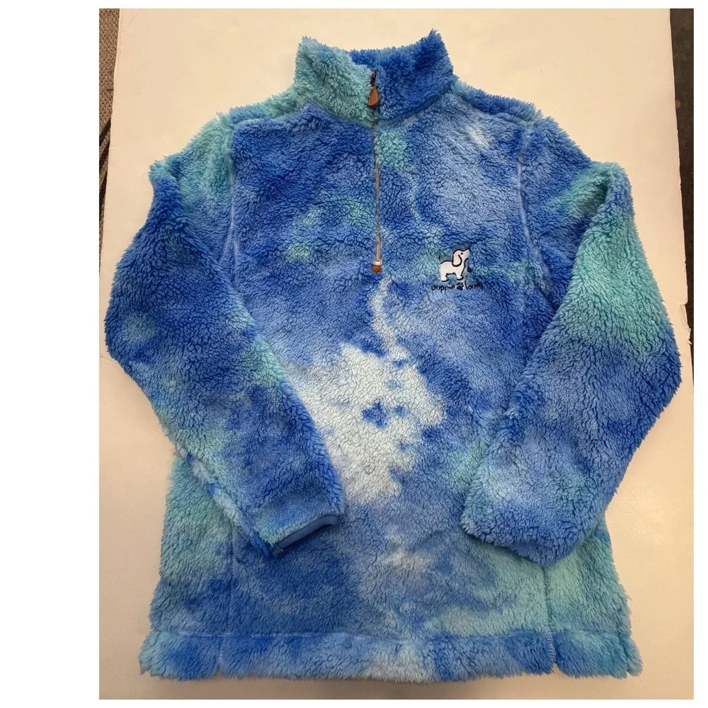 Puppie Love Blue Tie Dye Faux Fur Sherpa Fleece Quarter Zip Pullover Small